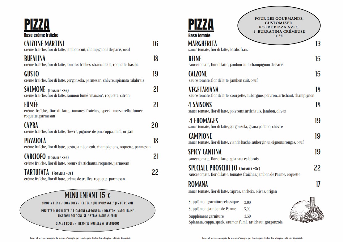 Menu Pizzas La Cantina Le Vésinet