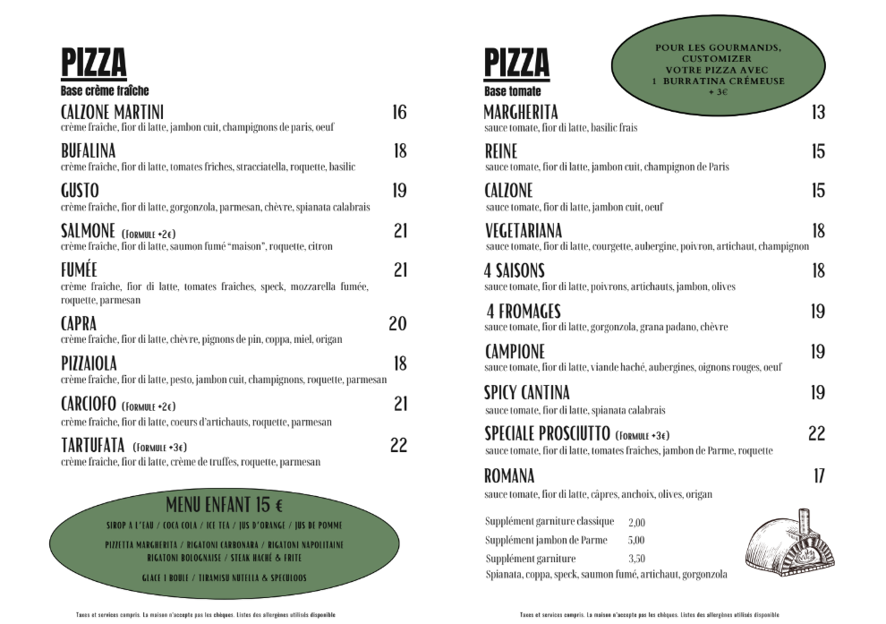 Menu Pizzas La Cantina Le Vésinet